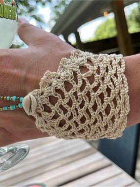 Handmade Cream Crochet Cuff Bracelet with Shell Accent